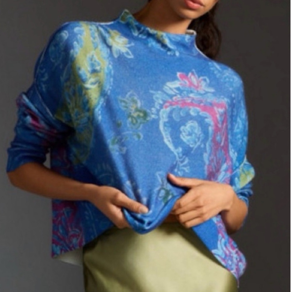 Anthropologie The Alani Cashmere Cropped Mock Neck Sweater Blue Paisley, XL 1X